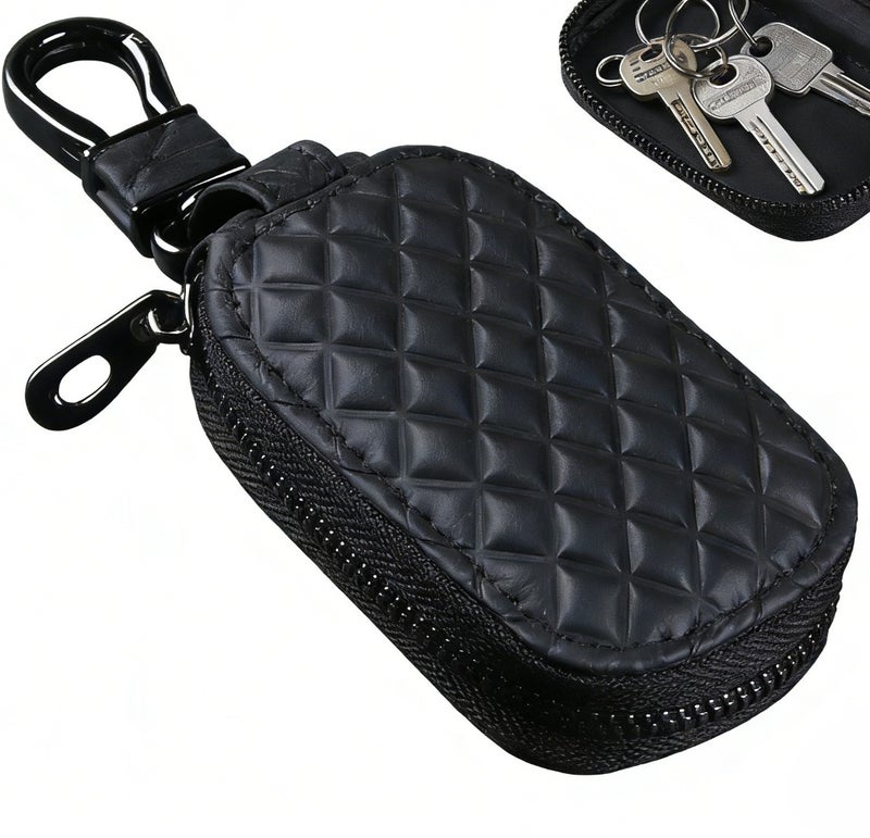 حافظة مفاتيح السيارة، غطاء مفتاح التحكم عن بعد من الجلد الطبيعي، حامل سلسلة مفاتيح مع خطاف معدني، حقيبة سحاب بحلقة مفاتيح السيارة العالمية (قطعة واحدة، أسود) - Image 1